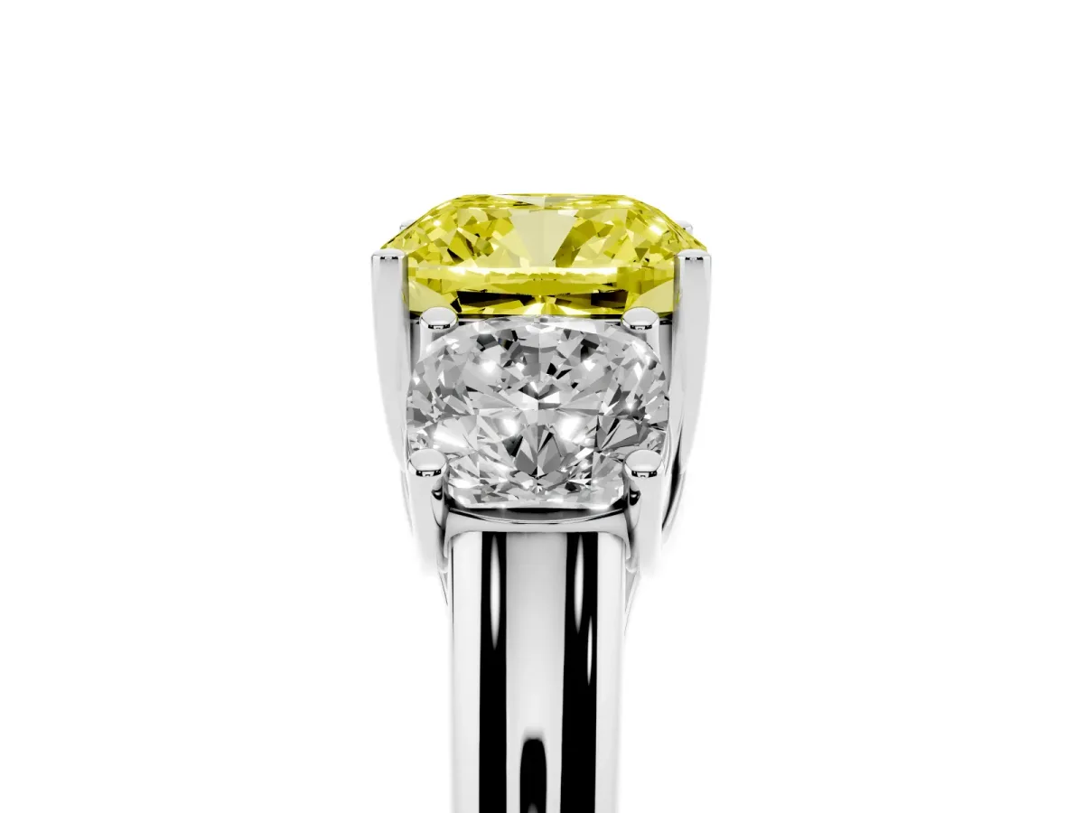 Fancy Yellow Three-Stone Cushion Cut Diamond Engagement Ring with Prong Setting Silver