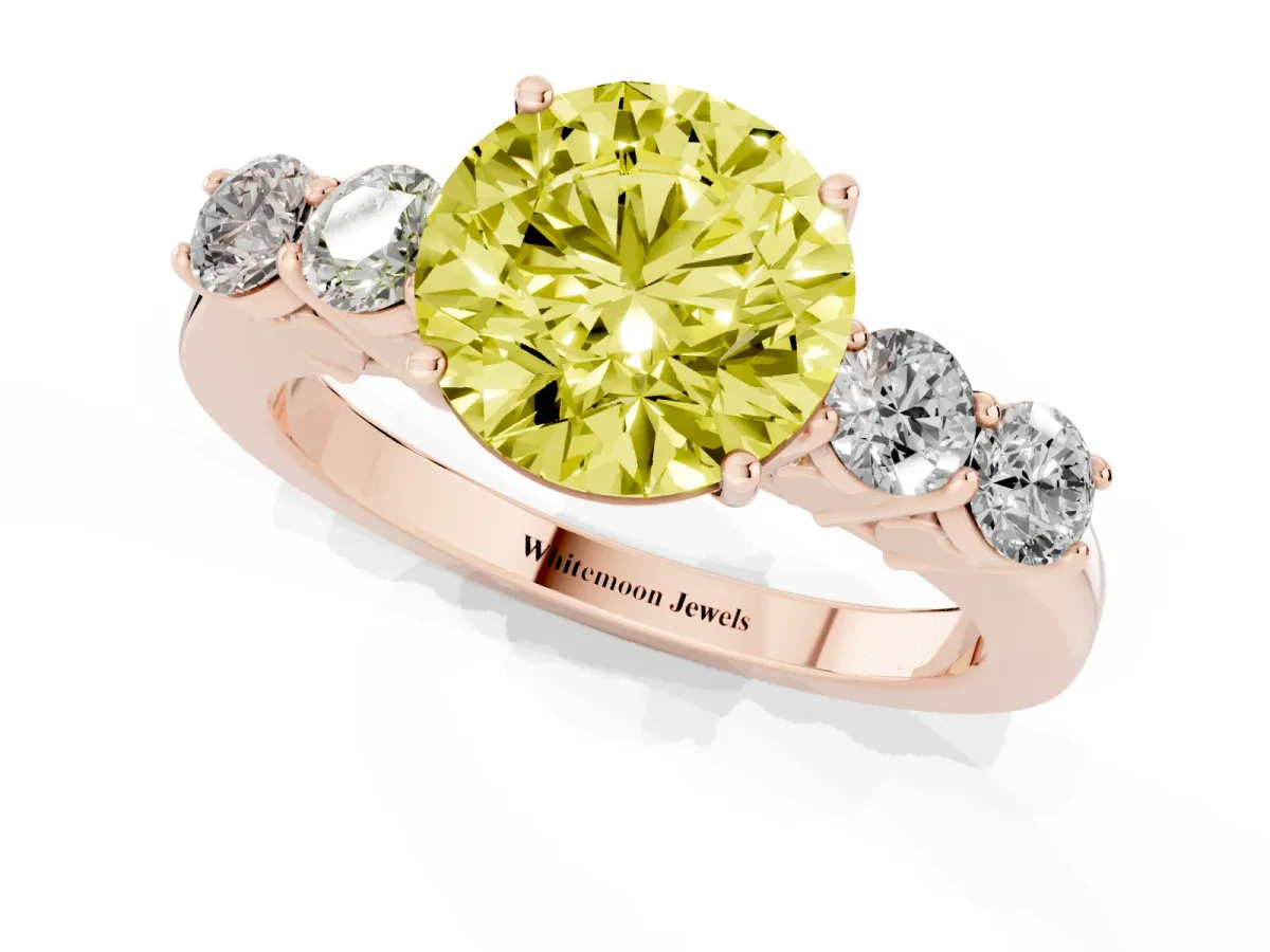 Fancy Yellow Round Cut Cut Diamond Five-Stone Prong Set White Gold Ring Rose gold