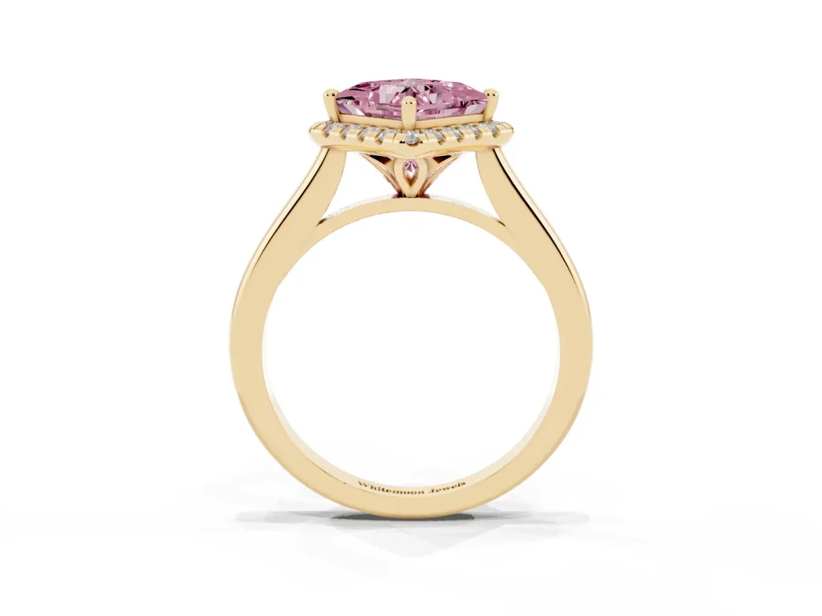 Fancy Pink Princess Cut Halo Round Diamond Solitaire Engagement Ring with Pave Band and Four-Prong Setting Yellow gold