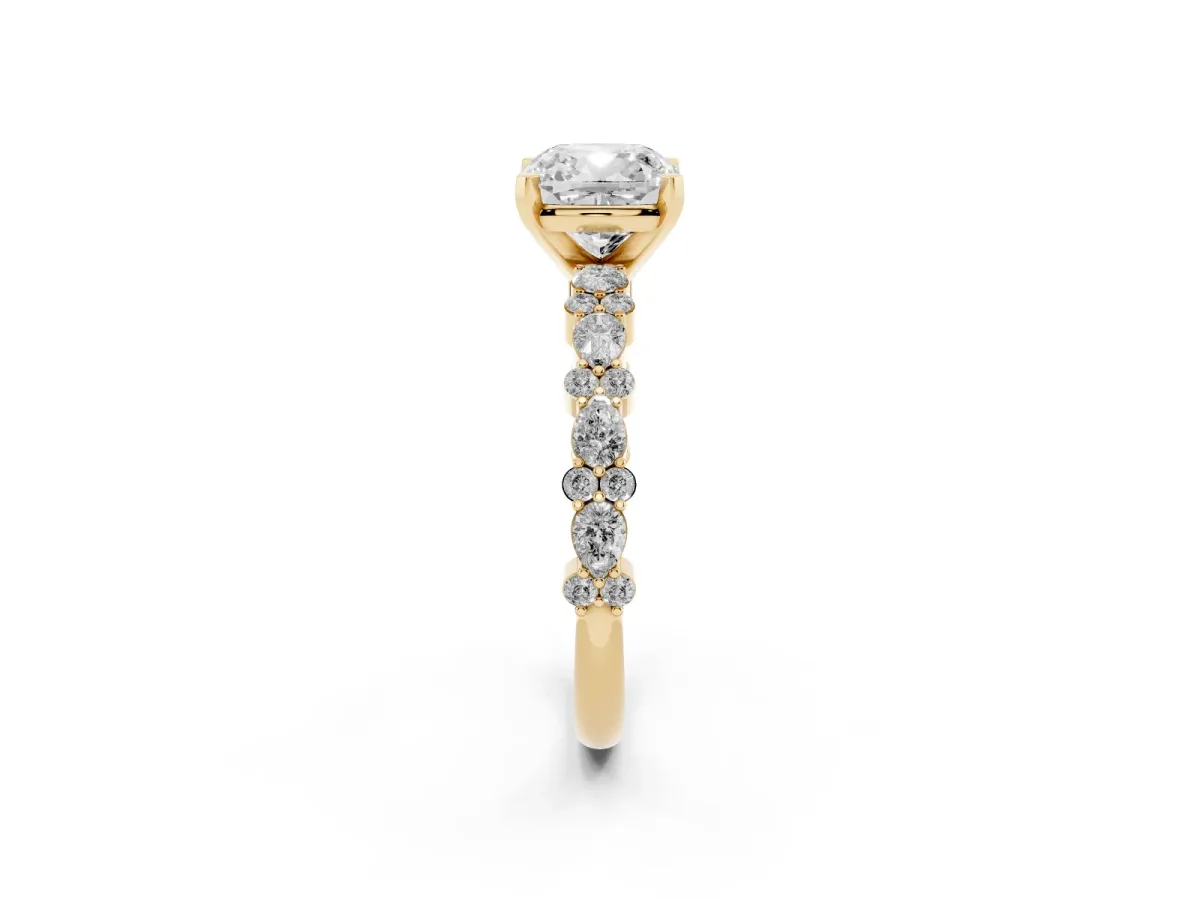Cushion Cut Diamond Side Stone Solitaire Ring with Round and Four-Prong Setting Yellow gold