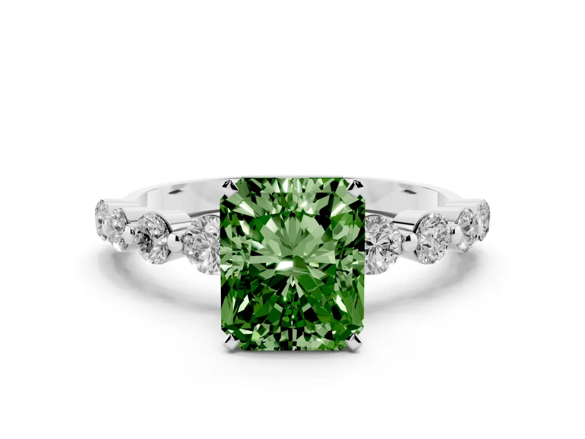 Fancy Green Radiant Cut Solitaire Diamond Ring with Pave Band and Four-Prong Setting Silver