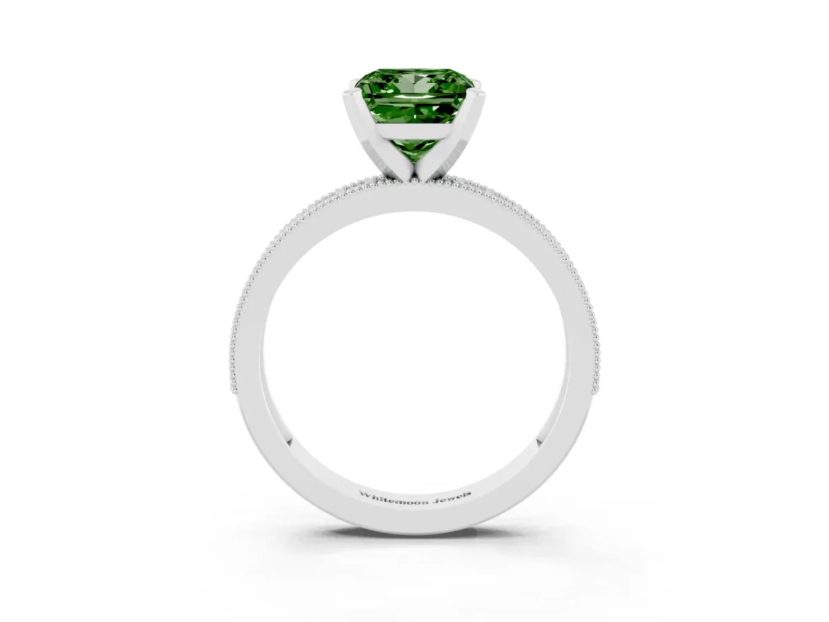 Fancy Green Princess Cut Diamond Milgrain Pavé Engagement Ring with Four-Prong Setting Silver
