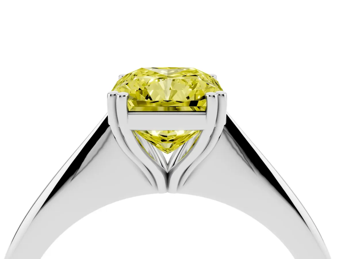 Fancy Yellow Radiant Cut Solitaire Diamond Ring with Six-Prong Setting and Classic Band Silver