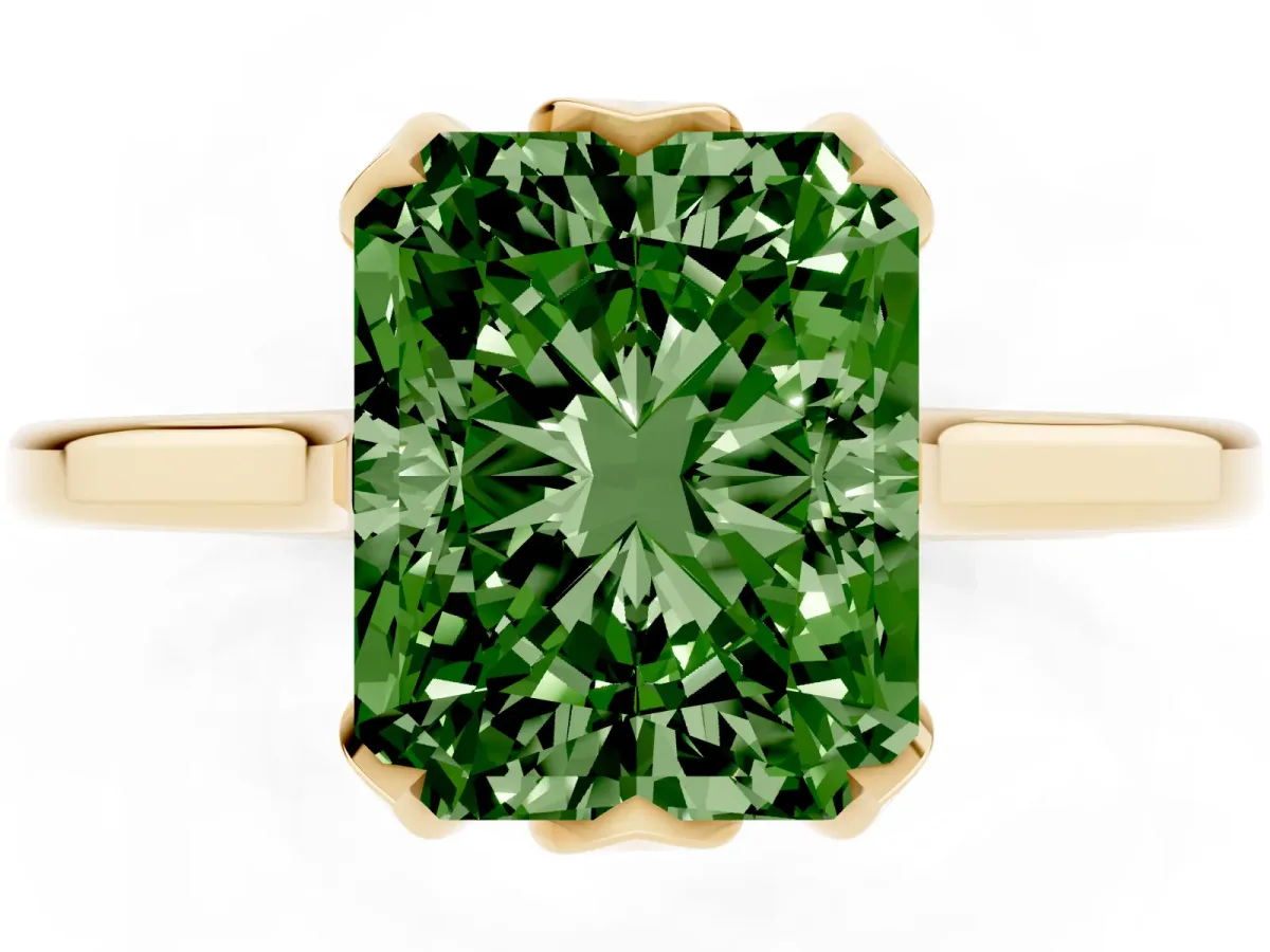 Fancy Green Radiant Cut Diamond Solitaire Ring with Flower Prong Setting and Classic Band Yellow gold