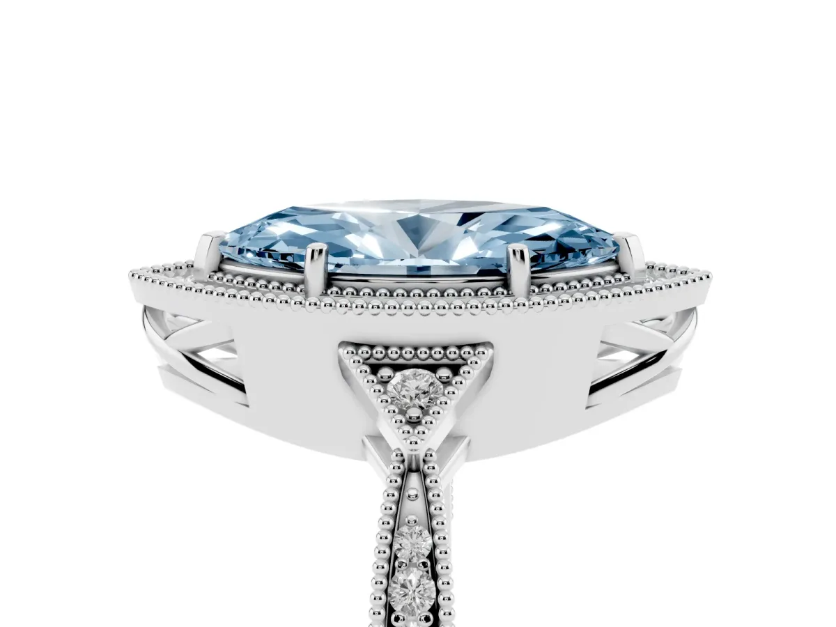 Fancy Blue Marquise Cut Halo Round Diamond Milgrain Pave Engagement Ring Silver