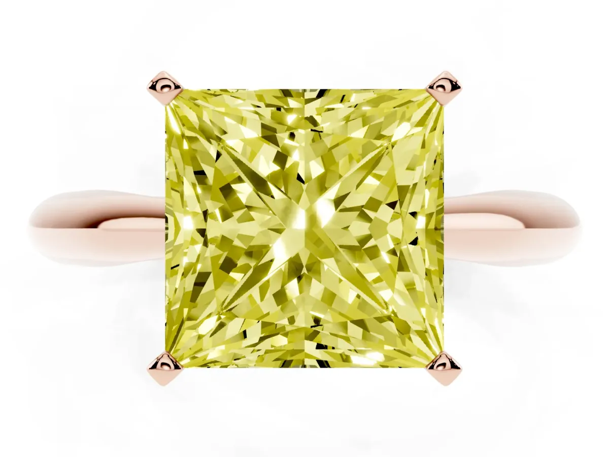 Fancy Yellow Princess Cut Diamond Solitaire Engagement Ring with Cathedral Setting and Four-Prong Mount Rose gold
