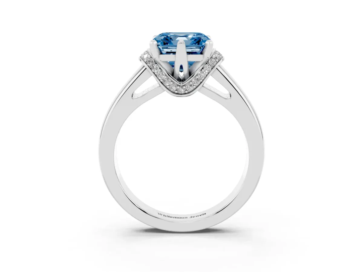 Fancy Blue Asscher Cut Solitaire Diamond Ring with Pave Band and Six-Prong Setting Silver