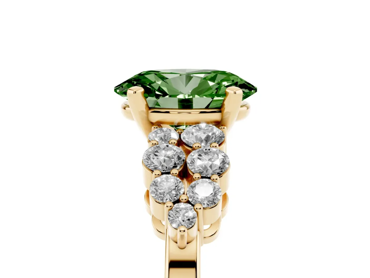 Fancy Green Oval Cut Cluster Diamond Engagement Ring with Pavé Band and Four-Prong Setting Yellow gold
