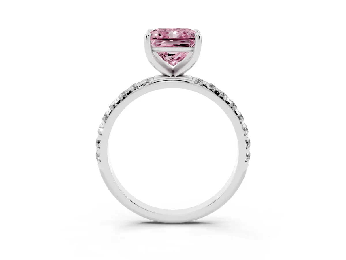 Fancy Pink Princess Cut Cut Diamond Solitaire Ring with Micro Pave Band and Four Prong Setting Silver