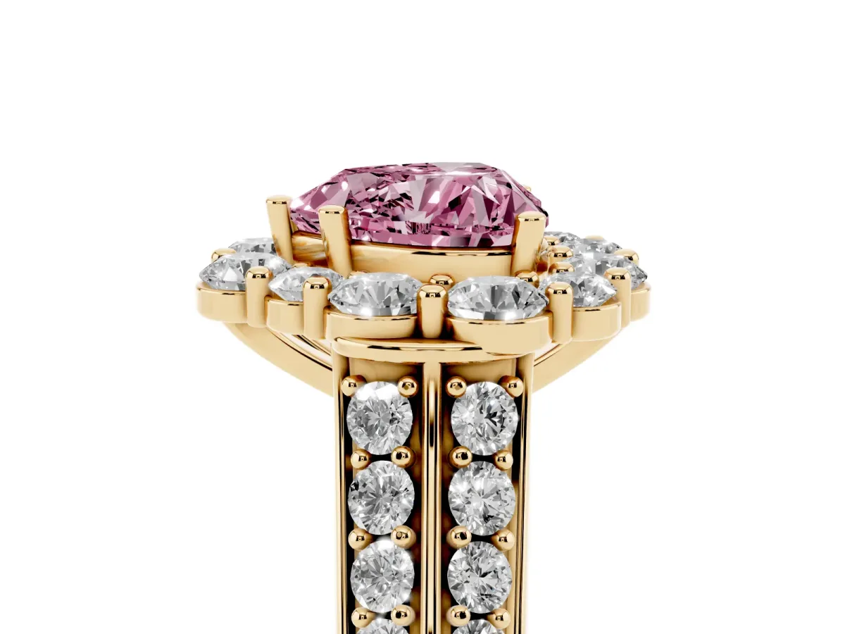 Fancy Pink Heart Cut Halo Diamond Engagement Ring with Split Shank and Prong Setting Yellow gold