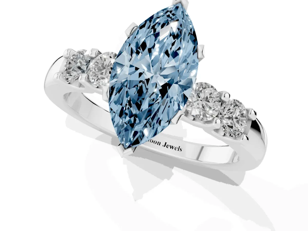 Fancy Blue Marquise Cut Brilliant Cut Diamond Five-Stone Prong Set Engagement Ring with Channel Band Platinum