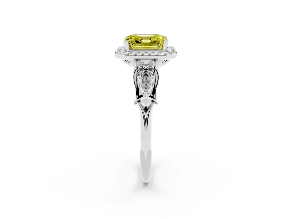 Fancy Yellow Asscher Cut Halo Diamond Engagement Ring with Filigree Band and Four-Prong Setting White gold