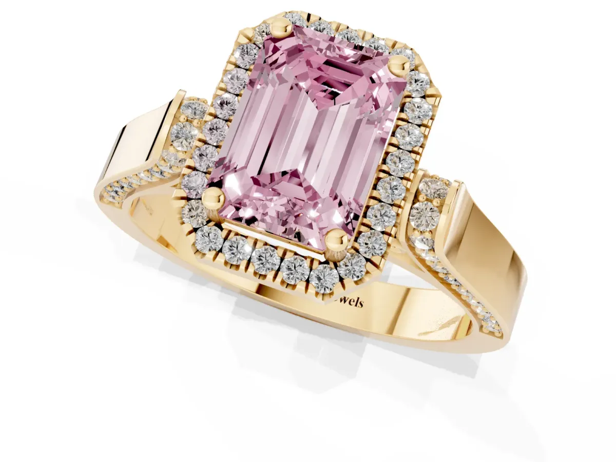 Fancy Pink Emerald Cut Halo Round Diamond Twist Band with Four-Prong Setting Yellow gold