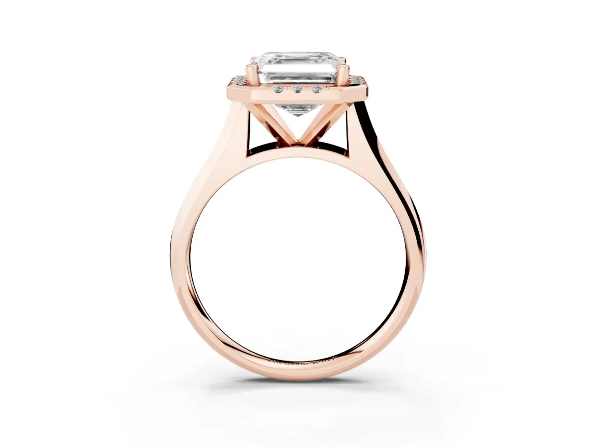 Asscher Cut Cut Halo Solitaire Engagement Ring with Square Band and Four-Prong Setting Rose gold