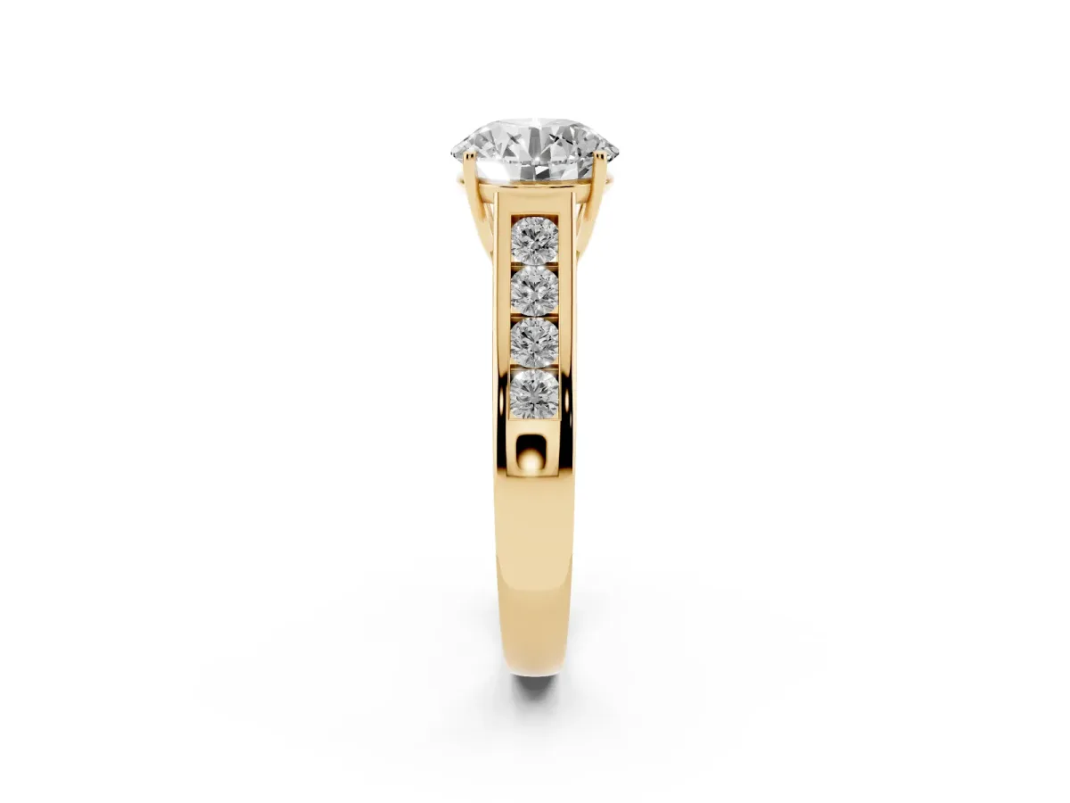 Round Cut Solitaire Channel-Set Diamond Engagement Ring with Four-Prong Setting Yellow gold