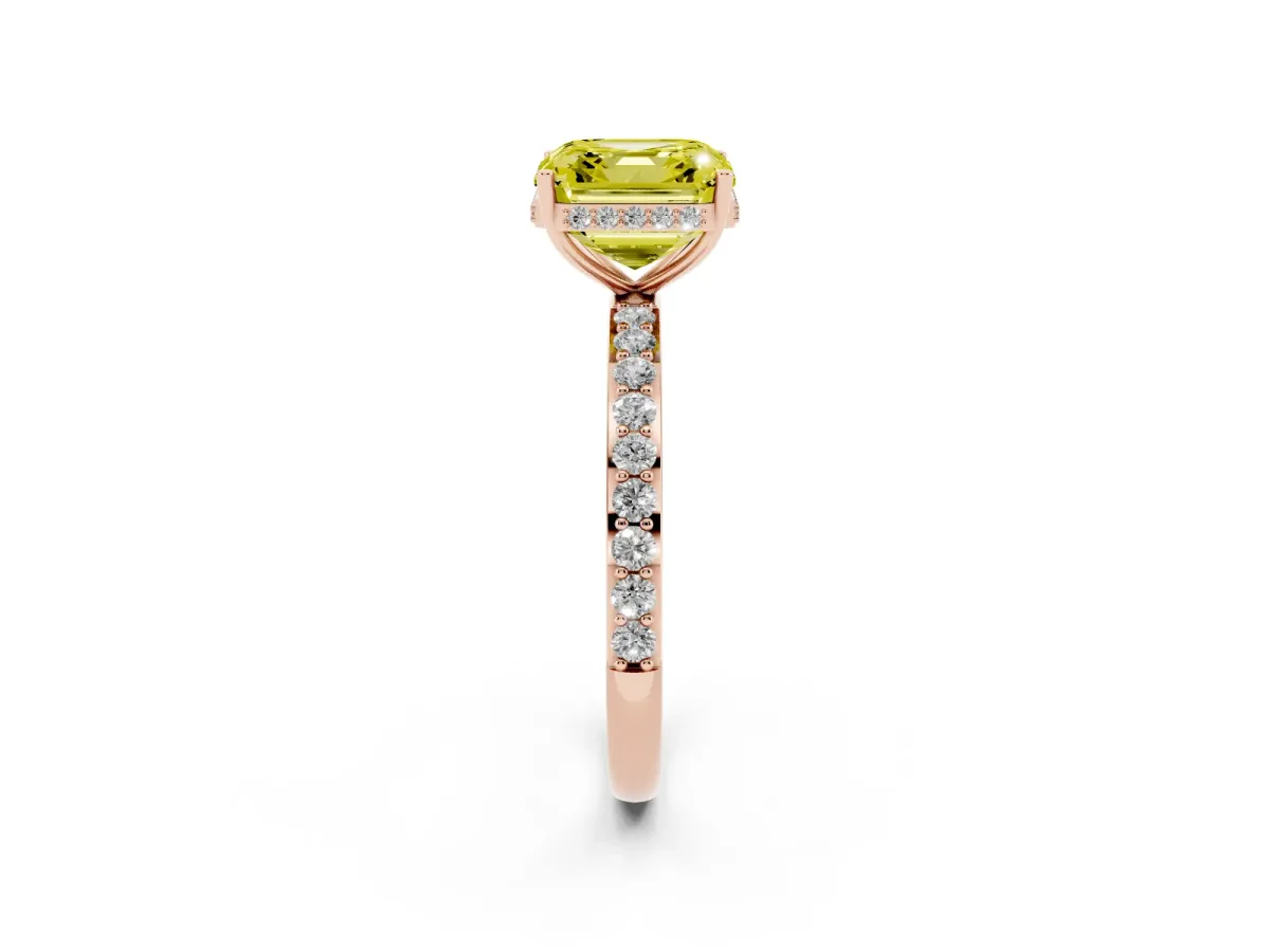 Fancy Yellow Asscher Cut Diamond Solitaire Ring with Pavé Band and Hidden Halo Rose gold