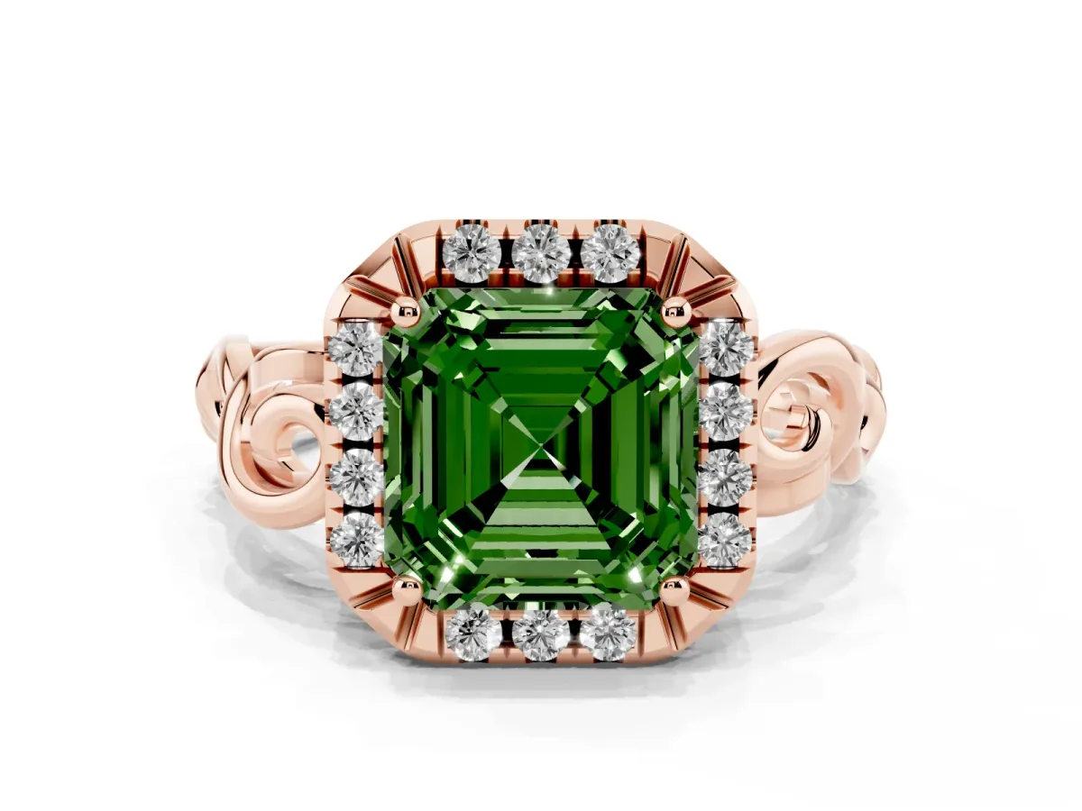Fancy Green Asscher Cut Cut Halo Diamond Ring with Scrollwork Band and Four-Prong Setting Rose gold