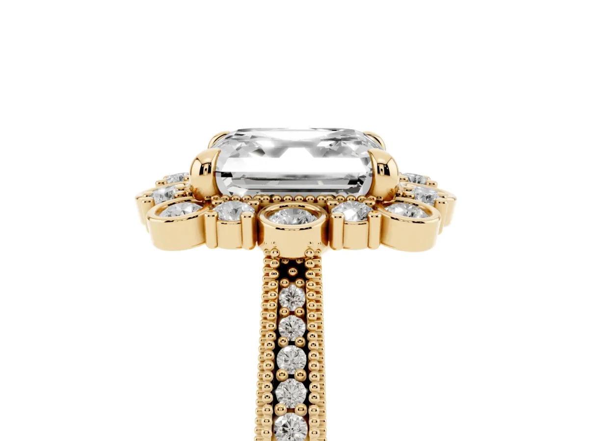Asscher Cut Halo Milgrain Pave Diamond Ring with Four-Prong Setting Yellow gold