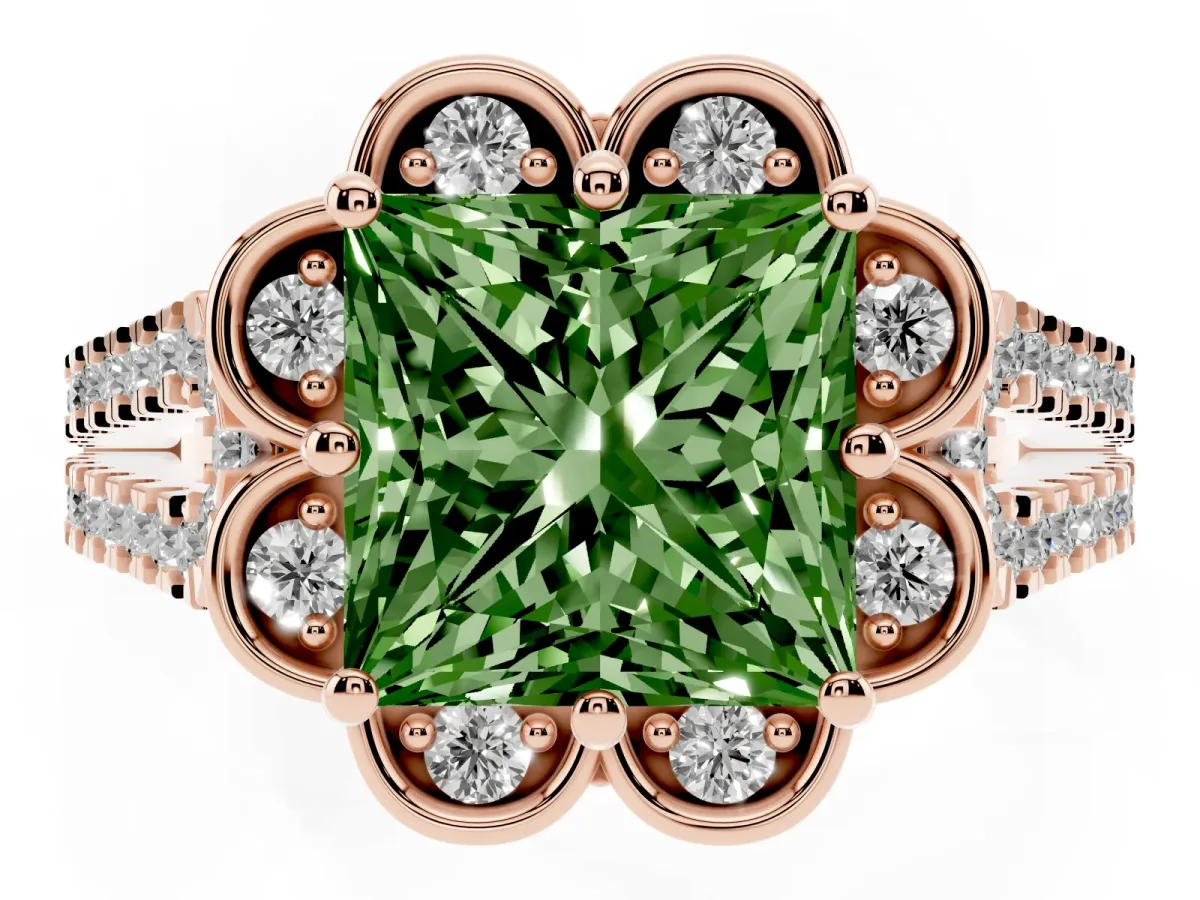 Fancy Green Princess Cut Halo Diamond Floral Split Shank Engagement Ring Rose gold