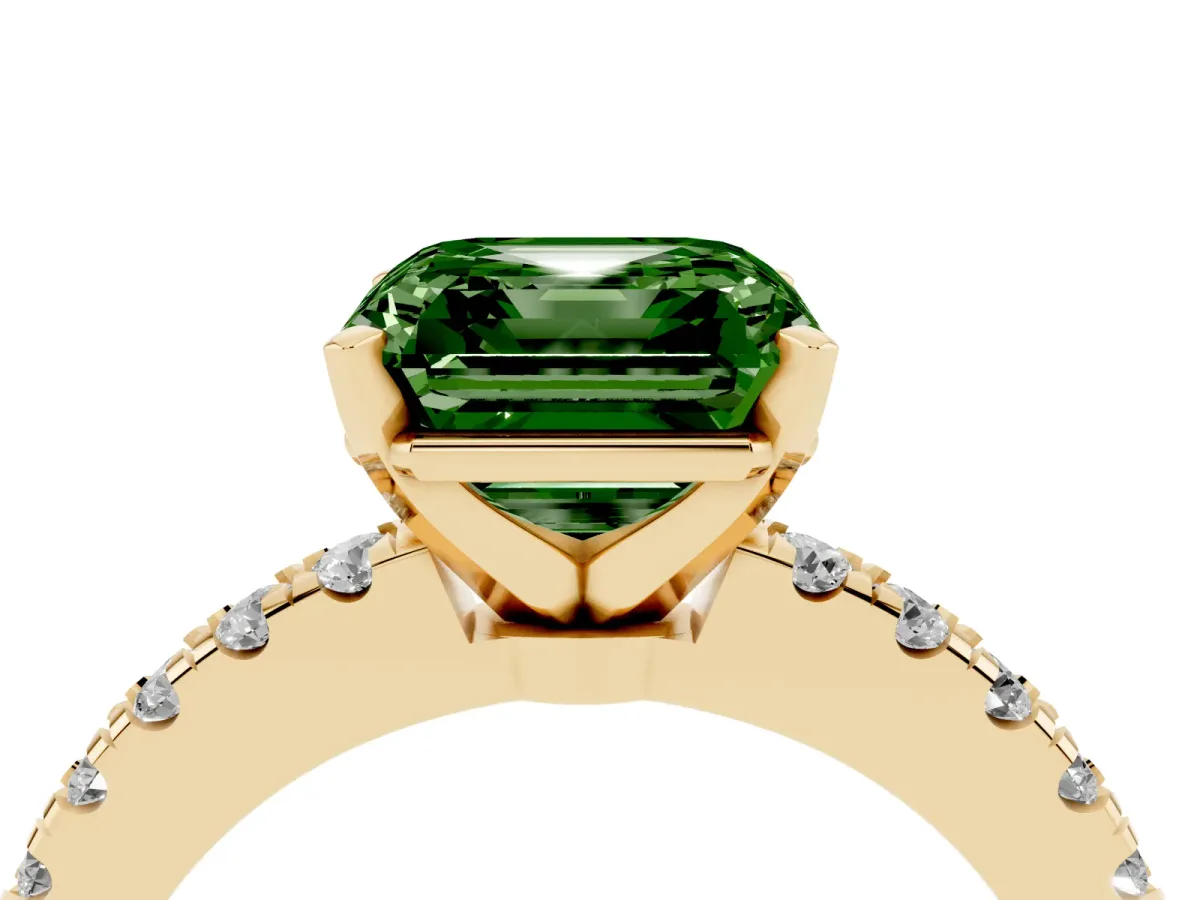 Fancy Green Asscher Cut Solitaire Diamond with Pavé Band and Four-Prong Setting Yellow gold