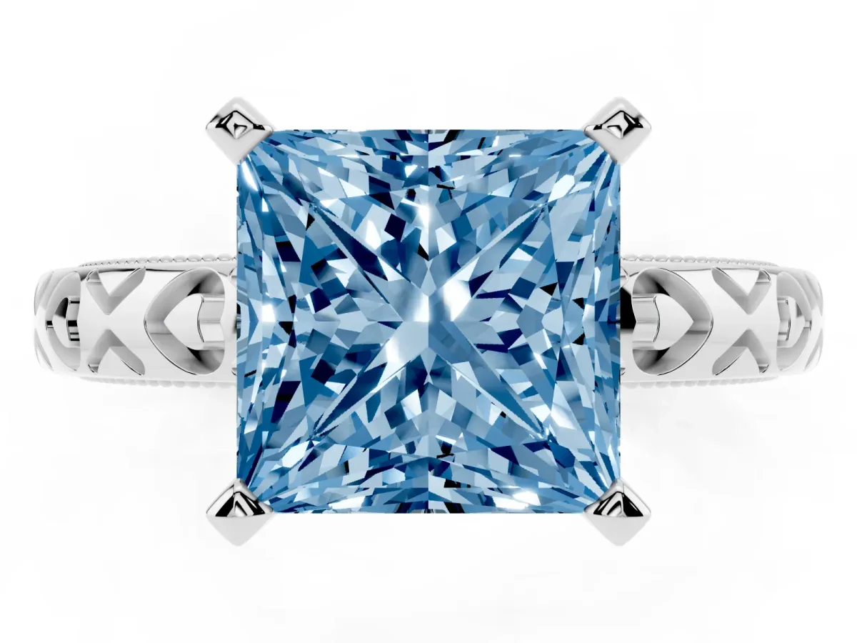 Fancy Blue Princess Cut Solitaire Diamond Engagement Ring with XO Engraved Band and Four-Prong Setting Silver