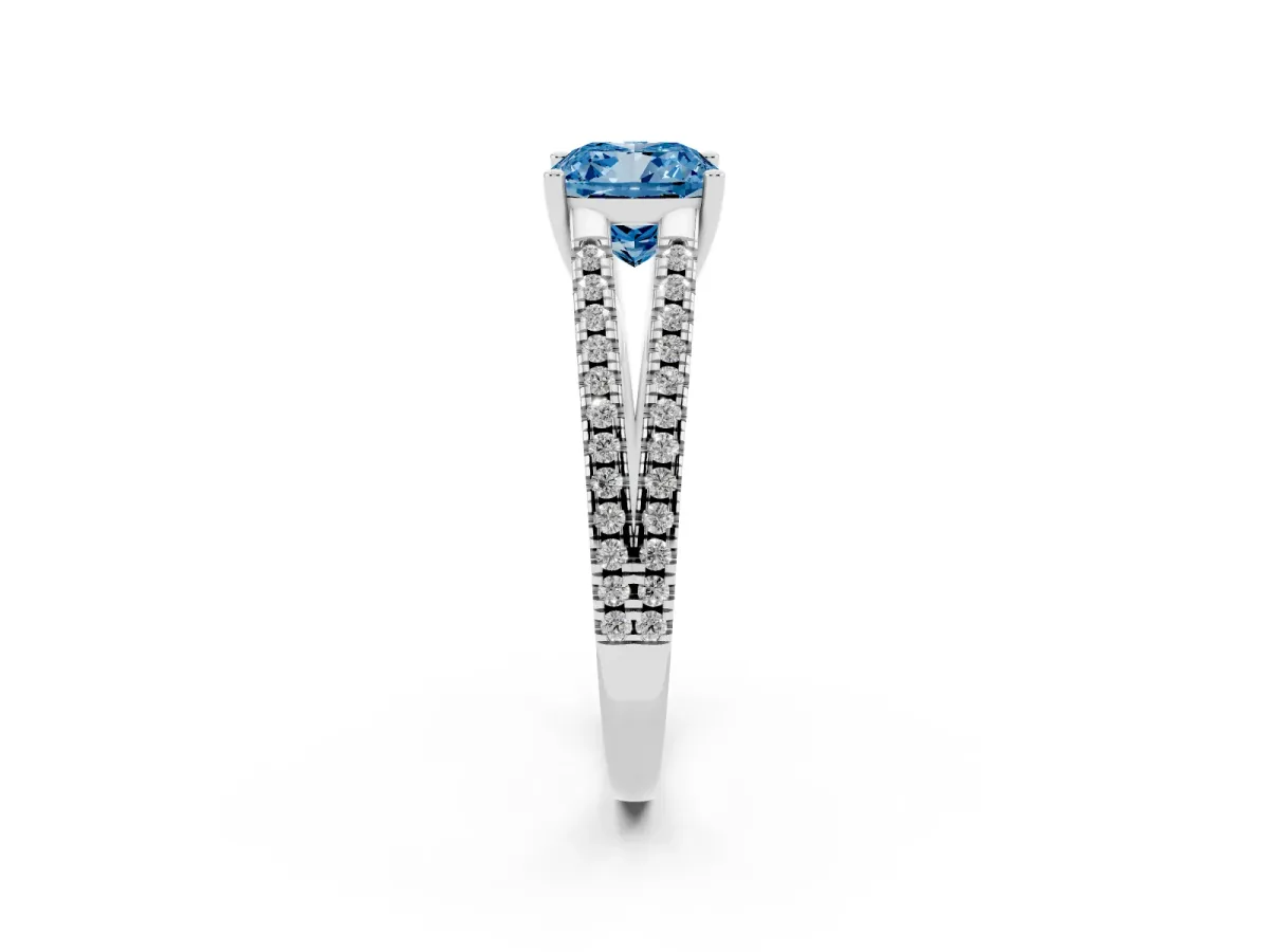 Fancy Blue Cushion Cut Diamond Solitaire Engagement Ring with Split Shank Pavé Band Platinum