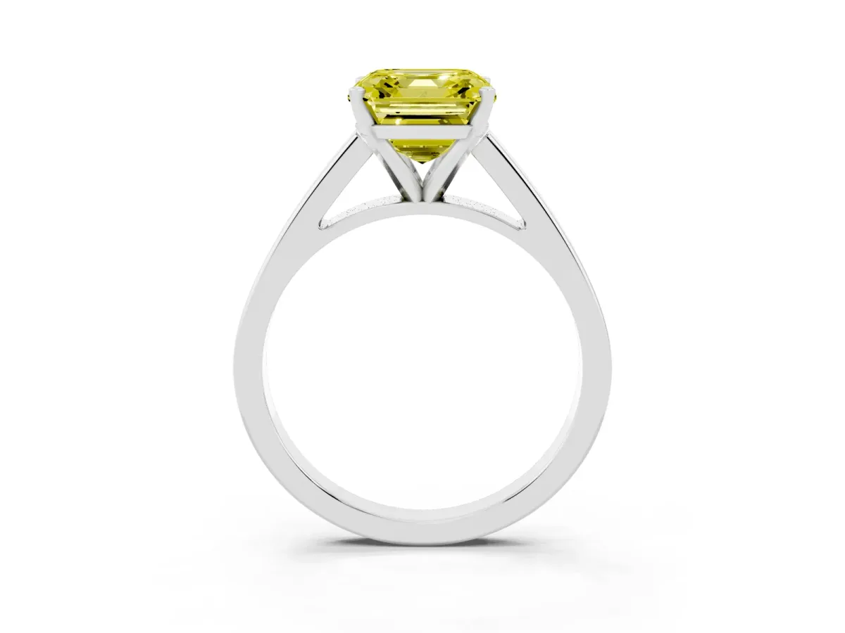 Fancy Yellow Asscher Cut Solitaire Engagement Ring with Four-Prong Setting and Tapered Band Platinum