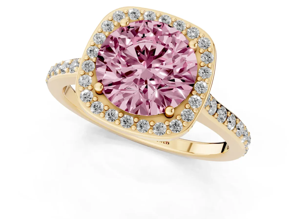 Fancy Pink Round Cut Diamond Halo Engagement Ring with Round Pavé Shoulders and Prong Setting Yellow gold