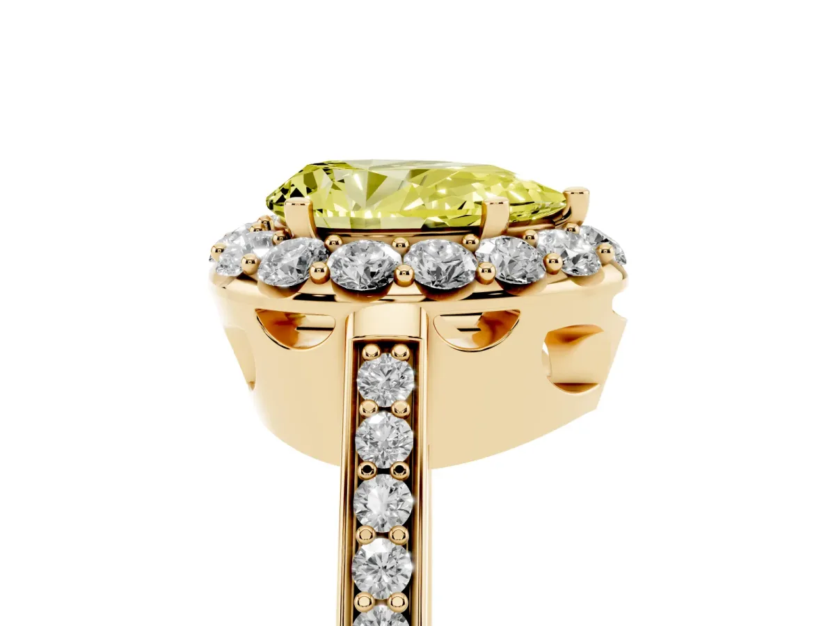 Fancy Yellow Pear Cut Diamond Floral Halo Ring with Pavé Band and Prong Setting Yellow gold