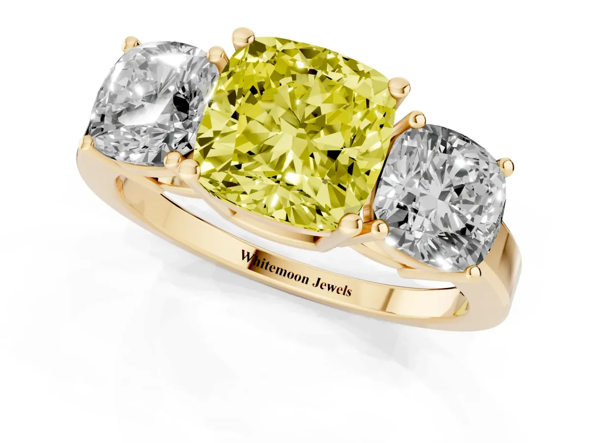 Fancy Yellow Three-Stone Cushion Cut Cut Diamond Engagement Ring with Flat Band and Four-Prong Setting Yellow gold