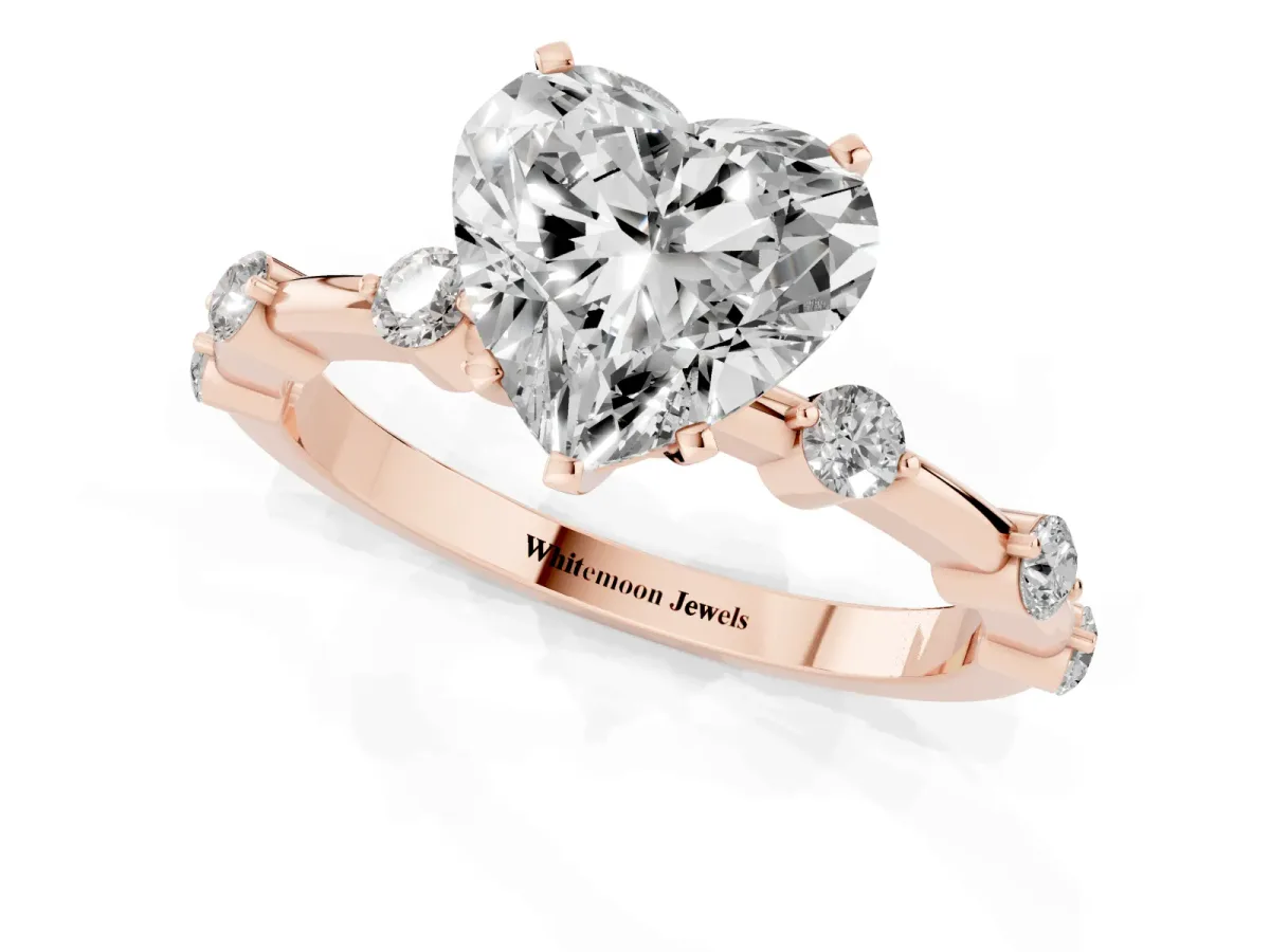 Heart Cut Solitaire Diamond Ring with Bezel Set Side Stones and Prong Setting Rose gold