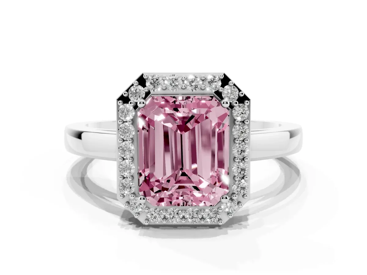 Fancy Pink Radiant Cut Halo Diamond Ring with Solitaire Band and Prong Setting Platinum