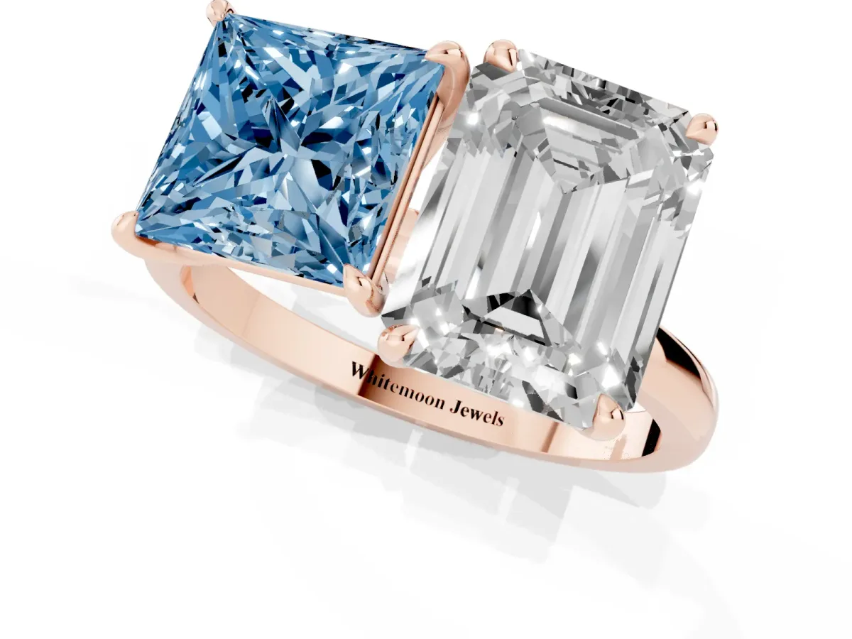 Fancy Blue Princess Cut and Emerald Cut Toi Moi Ring with Prong Setting Rose gold