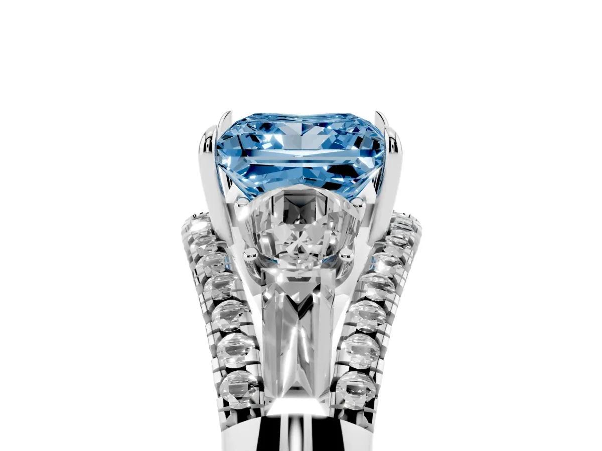 Fancy Blue Three-Stone Princess Cut Diamond Engagement Ring with Pave Band and Prong Setting White gold