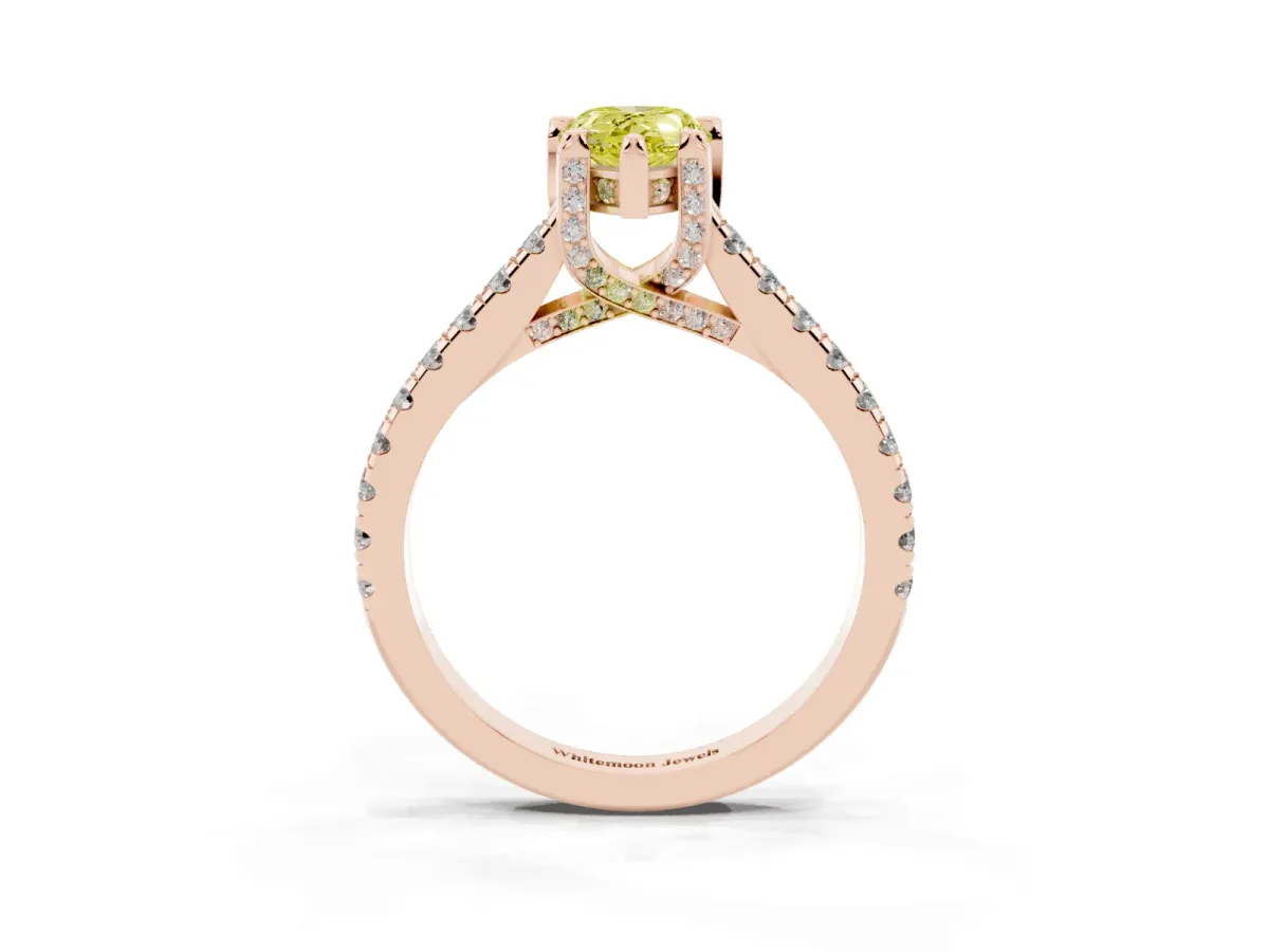 Fancy Yellow Pear Cut Brilliant Diamond Solitaire with Pavé Band and Four-Prong Setting Rose gold