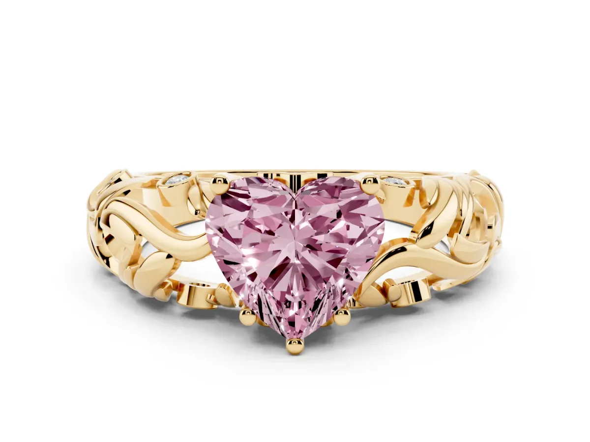 Fancy Pink Heart Cut Solitaire Diamond Leaf-Inspired Vine Band Ring with Prong Setting Yellow gold