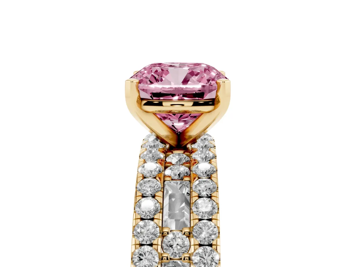 Fancy Pink Cushion Cut Diamond Solitaire Ring with Pavé and Channel Set Band Yellow gold