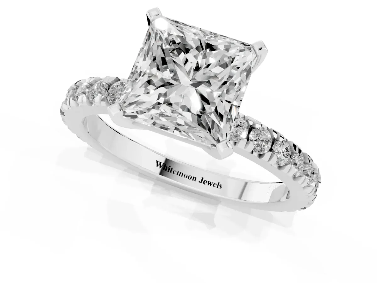 Princess Cut Diamond Pavé Band Solitaire with Four-Prong Setting Silver