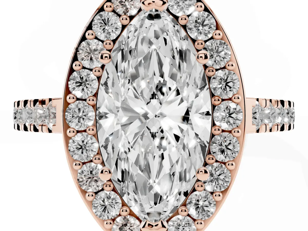 Marquise Cut Diamond Halo Ring with Round Pavé Split Shank and Prong Setting Rose gold