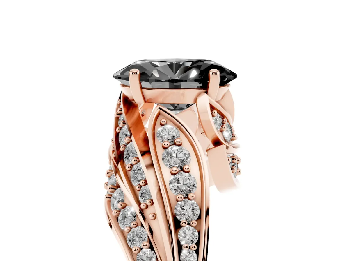 Fancy Black Oval Cut Diamond Solitaire Ring with Prong Setting and Twisted Pavé Band Rose gold