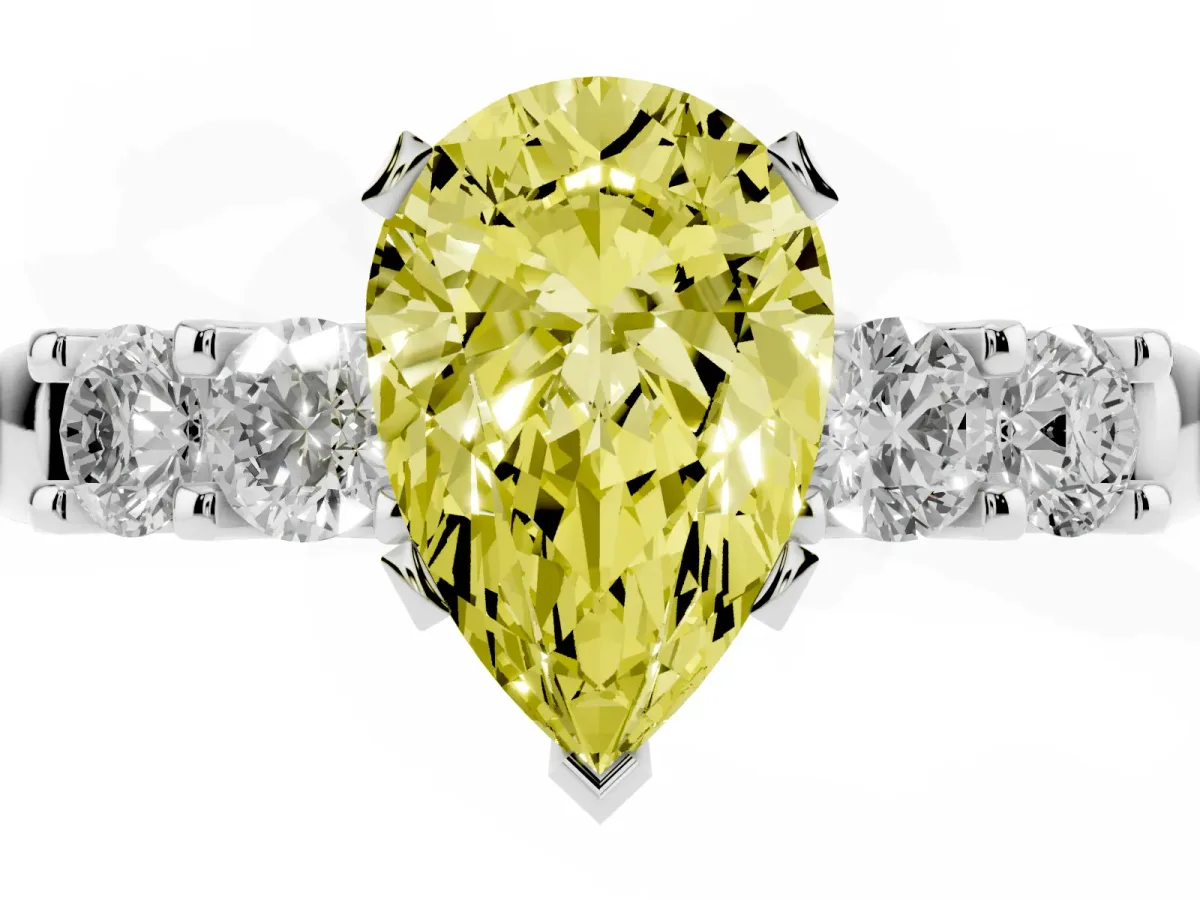 Fancy Yellow Pear Cut Brilliant Cut Diamond Five-Stone Prong Set Engagement Ring with Channel Band Platinum