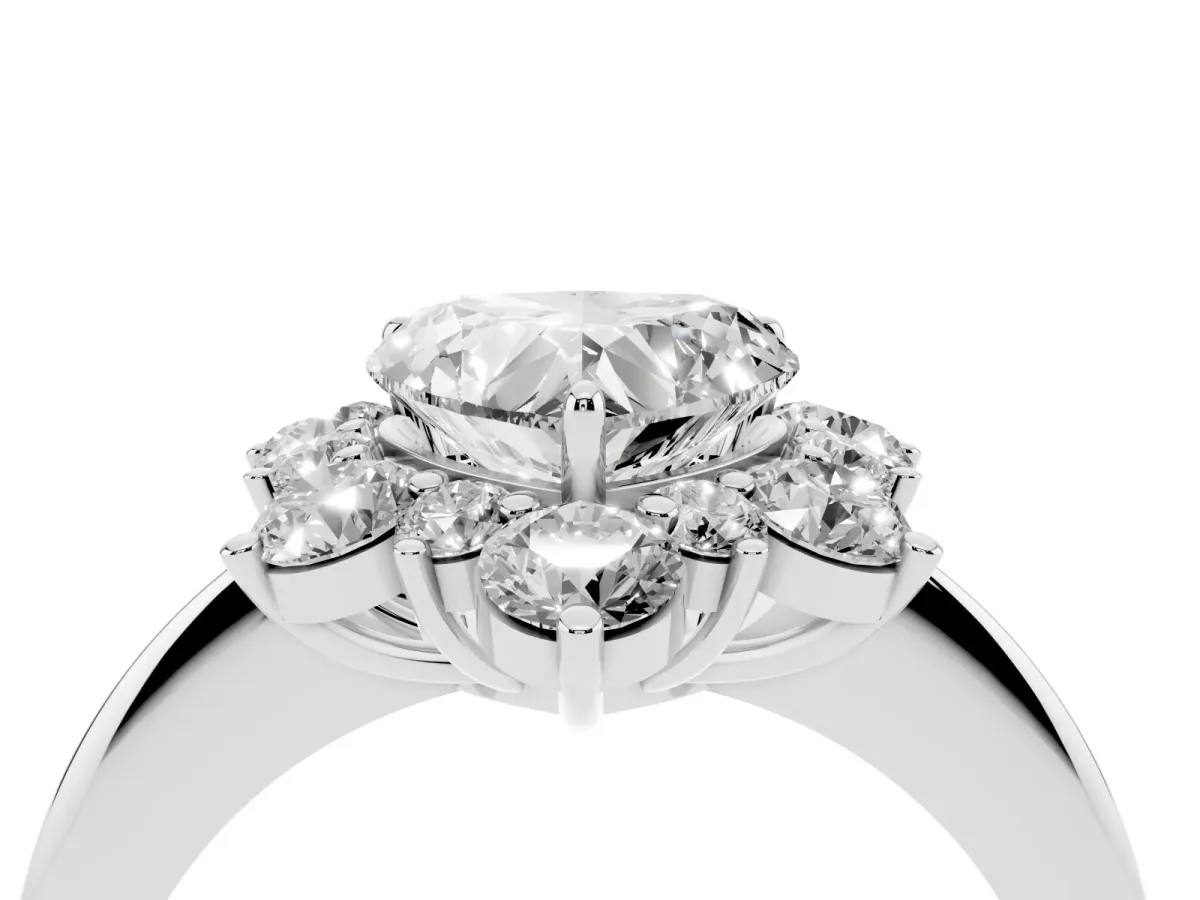 Heart Cut Diamond Cluster Halo Ring with Solitaire Band and Four-Prong Setting Platinum