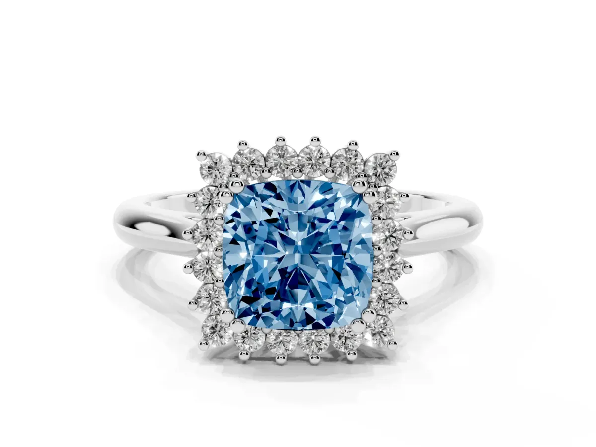 Fancy Blue Cushion Cut Cut Diamond Halo Ring with Solitaire Band and Prong Setting Platinum