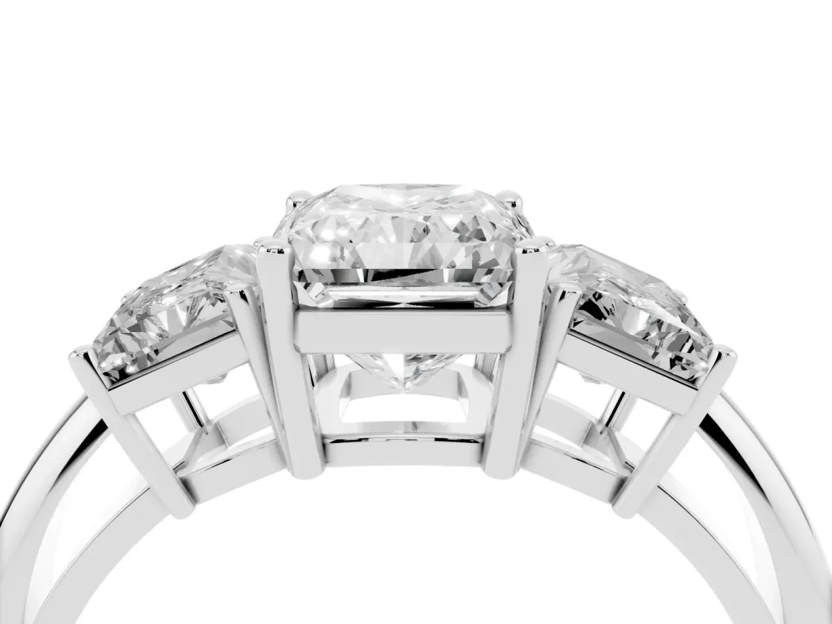 Three-Stone Radiant Cut Cut Diamond Engagement Ring with Prong Setting on a White Gold Band Platinum