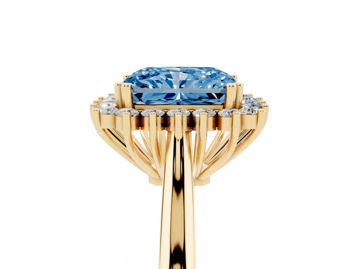 Fancy Blue Radiant Cut Cut Diamond Halo Ring with Solitaire Band and Prong Setting Yellow gold