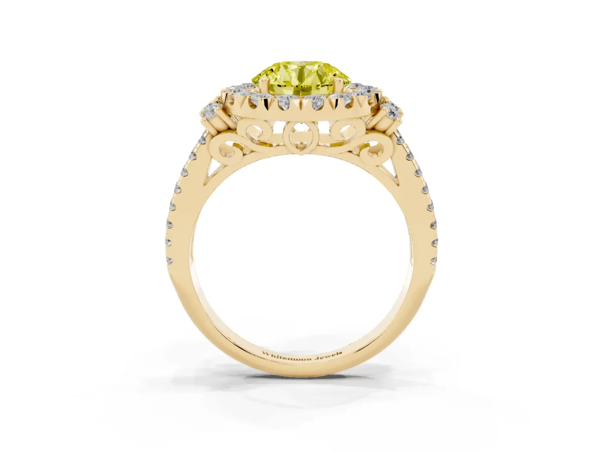 Fancy Yellow Round Cut Cut Double Halo Diamond Engagement Ring with Pave Band and Four-Prong Setting Yellow gold
