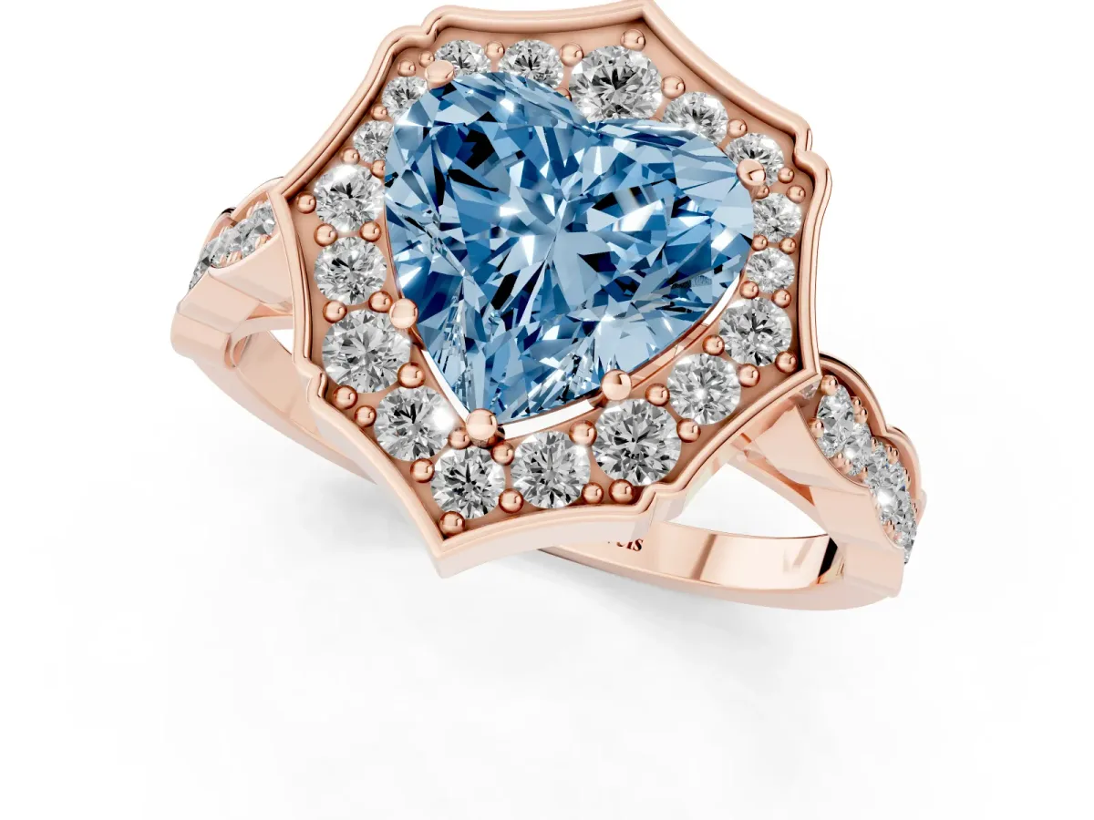 Fancy Blue Heart Cut Halo Diamond Engagement Ring with Milgrain Band and Four-Prong Setting Rose gold