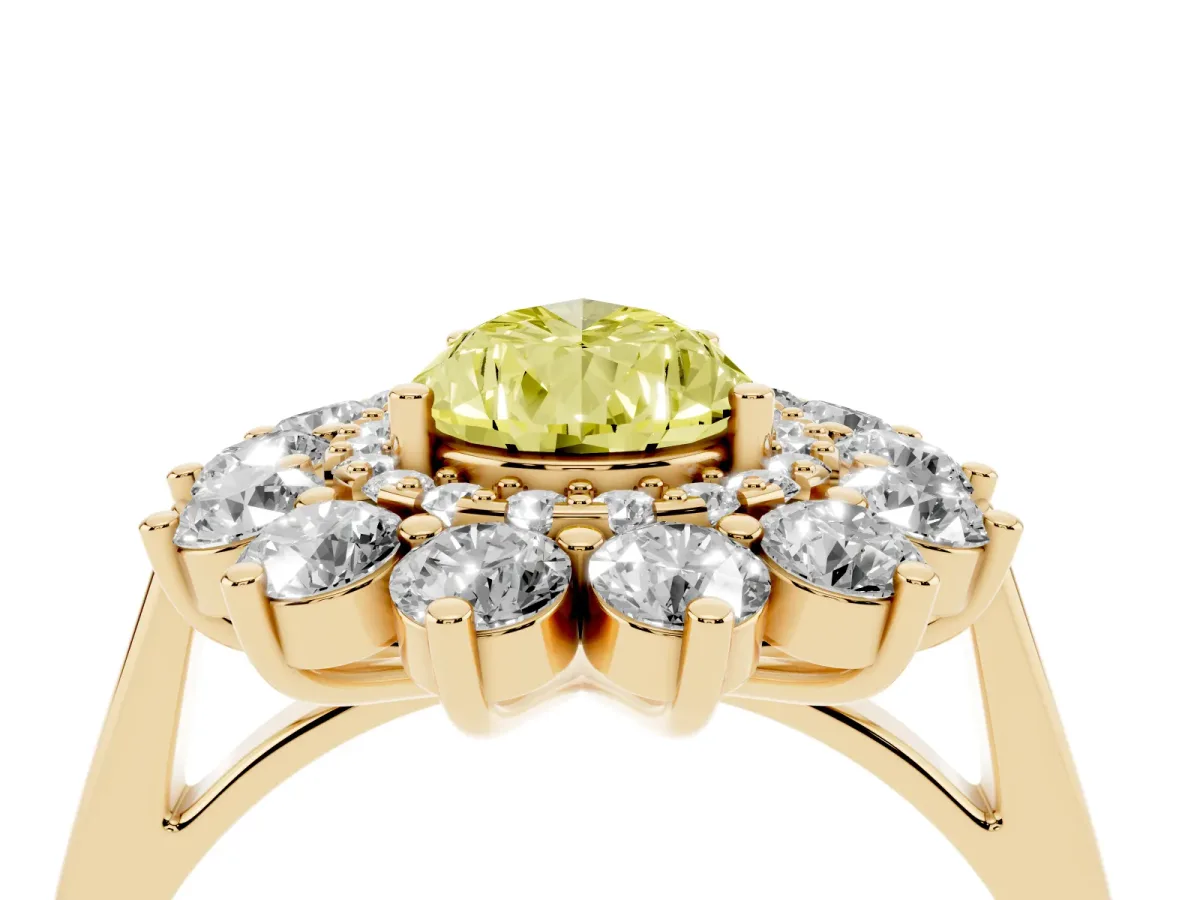 Fancy Yellow Pear Cut Diamond Floral Double Halo Engagement Ring with Prong Setting Yellow gold