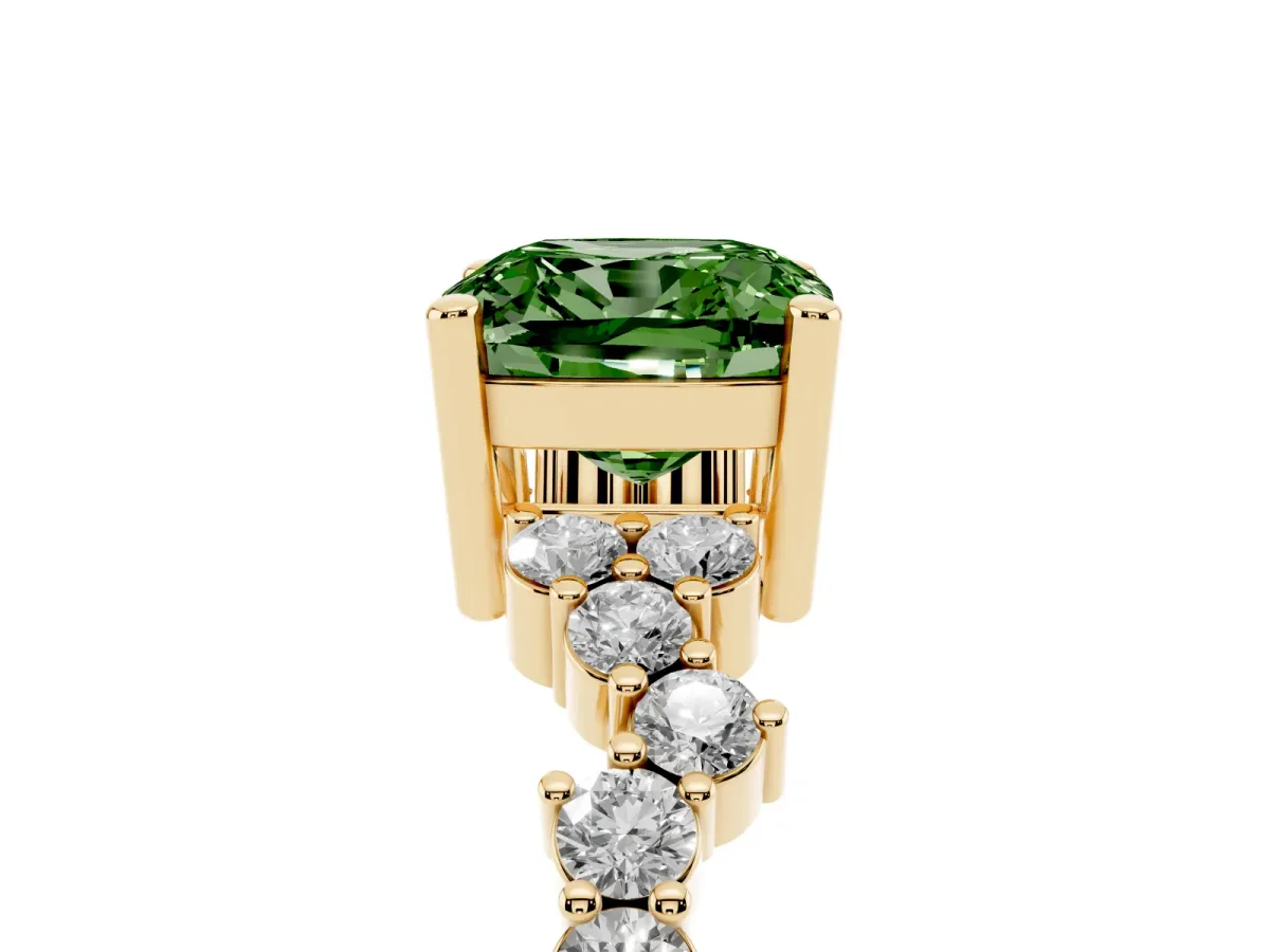 Fancy Green Cushion Cut Diamond Scattered Round Accent Ring with Prong Setting Yellow gold