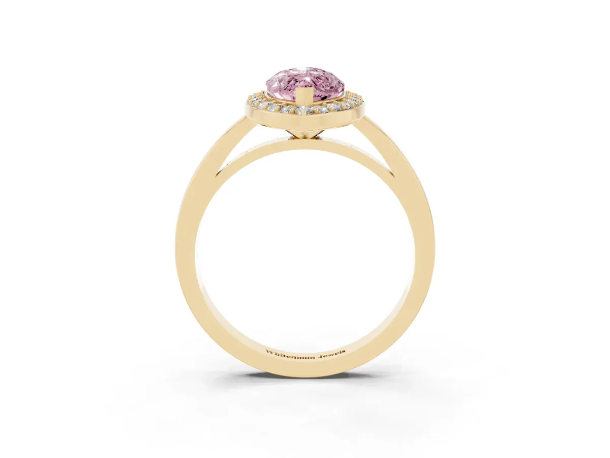 Fancy Pink Marquise Cut Halo Diamond Ring with Solitaire Band and Prong Setting Yellow gold